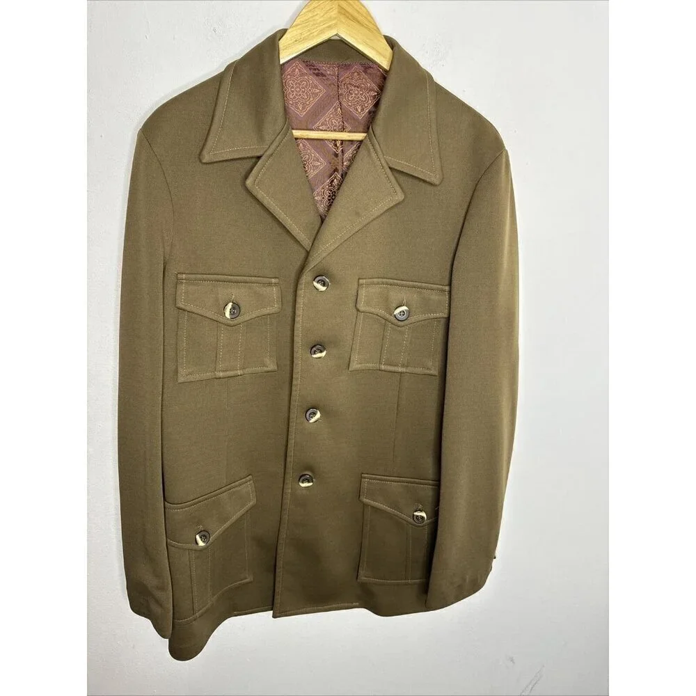 Vintage 1960s Military Dress Jacket Blazer‎ Men 44 Tall Khaki  Hippie